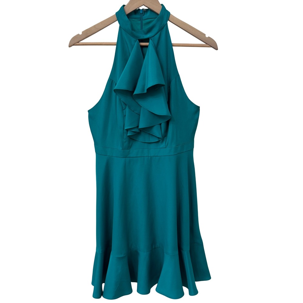 LIKELY Mini Dress 6 Teal Halter Ruffle Front‎ Keyhole Fit and Flare